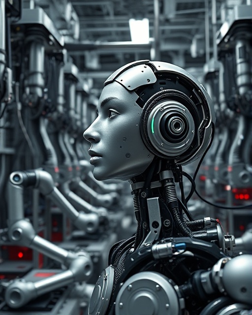 autonomous processing unit, contemplative, developing strategies, photorealistic, industrial workshop filled with gadgets, highly detailed, dynamic robotic arms, very high resolution, silver metallics, overhead lighting, shot with a standard lens.