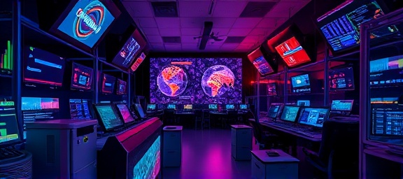 neural network simulator, curious, fine-tuning algorithms, photorealistic, neon-accented control room with digital screens, highly detailed, swirling data spirals, ultra-high resolution, spectrum colors, dim atmospheric lighting, shot with an ultrawide lens.