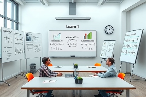 algorithmic breakdown display, analytical, illustrating learning strategies, photorealistic, collaborative open workspace with whiteboards, highly detailed, animated formula animations, high clarity, vibrant contrast, natural daylight lighting, shot with a 50mm lens.