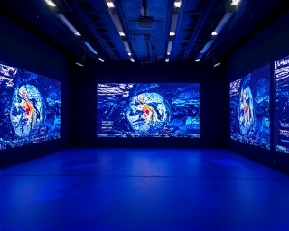 virtual analysis framework, analytical, visualizing optimization, photorealistic, sleek design studio with projection walls, highly detailed, real-time data visualization, detailed clarity, deep cobalt, directional spotlighting, shot with a telephoto lens.