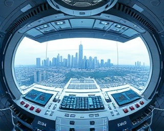 dynamic AI console, inquisitive, executing data analysis, photorealistic, futuristic urban control hub with a panoramic skyline view, highly detailed, real-time interactive modules, extremely high resolution, metallic blues and silvers, diffused lighting, shot with a fisheye lens.