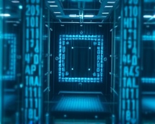 quantum computer hologram, pensive, streamlining processes, photorealistic, minimalist high-tech chamber with glass surfaces, highly detailed, flowing binary codes, sharp detail, icy whites and blues, soft-focus glow, shot with a tilt-shift lens.