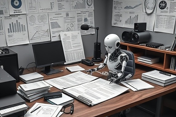 cutting-edge AI tools, intrigued, interacting, photorealistic, on a wooden desktop surrounded by technical books and equipment, highly detailed, blueprints and graphs scattered, full-frame resolution, monochrome, bright focused spotlight, shot with a 35mm f/1.8 camera lens.