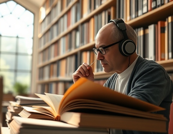 sophisticated AI resources, pondering, compiling, photorealistic, within a library with digital and hardcopy materials, highly detailed, pages flipping and digital browser interface, macro photography, warm brown tones, diffused natural sunlight, shot with a 100mm f/2.8 macro lens.