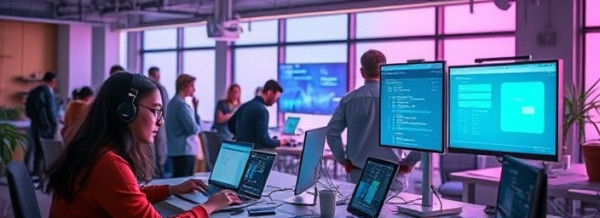 state-of-the-art AI applications, configuring, deploying, photorealistic, in a co-working space filled with diverse tech enthusiasts and gadgets, highly detailed, UI screens and notifications, crystal-clear clarity, vibrant pastels, subtle backlit illumination, shot with a 24mm f/1.4 camera lens.