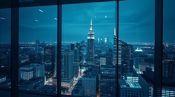 progressive AI software, constructing, executing, photorealistic, overlooking an urban night skyline from a glass-walled office, highly detailed, digital time-lapse and analytics, cinematic quality, cool blues and grays, under soft LED lights, shot with a 40mm f/2.2 camera lens.