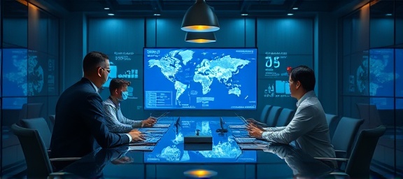 leading-edge AI resources, strategizing, orchestrating, photorealistic, around a corporate boardroom with digital displays, highly detailed, strategic maps and flowcharts, pin-sharp accuracy, professional metallic colors, pendant lighting, shot with a 90mm f/2.5 camera lens.