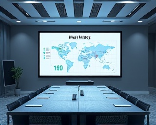 strategic marketing strategy, analytical expression, mapping out plans, photorealistic, a conference room with a large screen display, highly detailed, data visualization, 8K quality, cool tones, ambient lighting, shot with a 50mm prime lens.