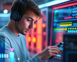 futuristic innovation technology, curious expression, experimenting with gadgets, photorealistic, a high-tech lab with transparent screens and holograms, highly detailed, futuristic interaction, 4K detail, metallic hues, fluorescent lighting, shot with a 35mm lens.