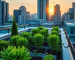 cutting-edge innovation trends, focused expression, analyzing emerging patterns, photorealistic, an urban rooftop garden with smart devices, highly detailed, innovative concepts in action, high-definition, natural greens and blues, golden hour lighting, shot with a 14mm ultra-wide-angle lens.