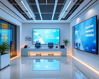 comprehensive marketing solutions, confident expression, presenting ideas, photorealistic, a sleek corporate office with digital displays, highly detailed, interactive presentations, HDR clarity, crisp whites and blues, spotlight effect, shot with a 85mm lens.