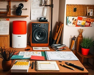 creative marketing creativity, inspired expression, sketching ideas, photorealistic, a cozy studio filled with design tools, highly detailed, artistic brainstorming, vibrant saturation, warm color tones, natural morning light, shot with a 50mm lens.