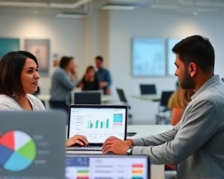 smart marketing strategy, determined expression, analyzing data, photorealistic, a bustling co-working space with charts and laptops, highly detailed, efficient workflow, 8K resolution, pastel accents, diffuse lighting, shot with a 24-70mm lens.