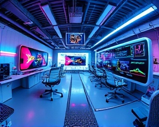 innovative innovation technology, inquisitive expression, testing concepts, photorealistic, a futuristic workspace with VR setups, highly detailed, immersive experience, ultra high-definition, tech-inspired neon colors, LED lighting, shot with a fisheye lens.