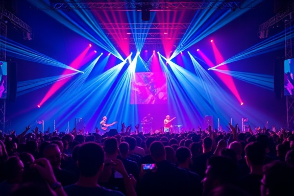 enthralling viral phenomenon, jubilant, creating a buzz everywhere, photorealistic, concert with pulsating lasers and cheering crowd, highly detailed, musicians interacting energetically, 7k resolution, cool colors, spotlight lighting, shot with a zoom lens.