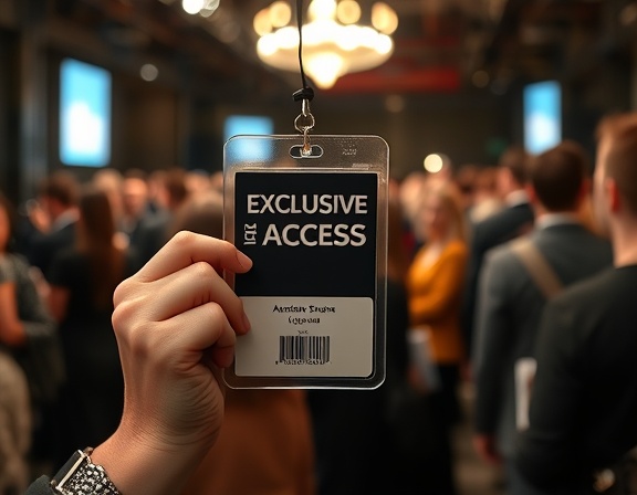 exclusive access badge, confident look, holding it up prominently, photorealistic, behind the scenes at a VIP event, highly detailed, crowd queued up, crisp focus, metallic silver, bright spotlight, shot with a 85mm lens.