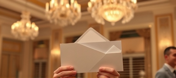 exclusive event invite, surprised reaction, receiving it with excitement, photorealistic, elegant ballroom with chandeliers, highly detailed, envelopes stacked neatly, fine texture, rich ivory, directional lighting, shot with a macro lens.