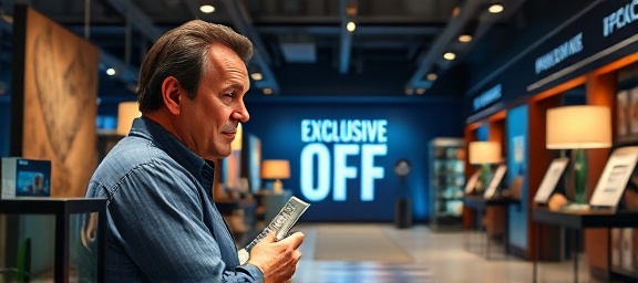 exclusive offer advertisement, intrigued stare, examining closely, photorealistic, upscale showroom with decorative displays, highly detailed, promotional flyers scattered, silky smooth finish, deep blue, soft spotlight, shot with a 35mm lens.