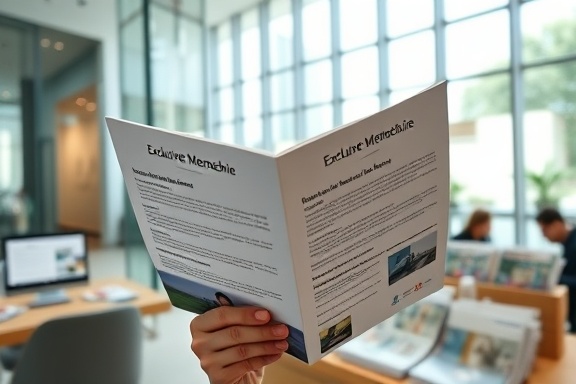 exclusive membership brochure, content expression, perusing its contents, photorealistic, modern office lobby with glass walls, highly detailed, magazines arranged neatly, matte texture, pastel hues, natural daylight, shot with a 70mm lens.