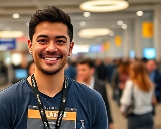 exclusive event staff badge, proud grin, wearing it on a lanyard, photorealistic, bustling convention center setting, highly detailed, registrants checking in, vibrant clarity, sparkling gold, overhead lighting, shot with a 40mm lens.