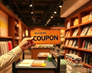 exclusive offer coupon, enthusiastic gesture, handing it over, photorealistic, upscale boutique store environment, highly detailed, checkout counter cluttered with merchandise, vintage feel, warm orange, directional spotlights, shot with a 55mm lens.