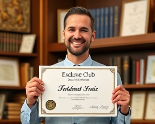 exclusive club membership certificate, accomplished smile, holding it up for display, photorealistic, ornate study room with wooden shelves, highly detailed, framed certificates on walls, elegant strokes, soft white, diffused lighting, shot with a 105mm lens.