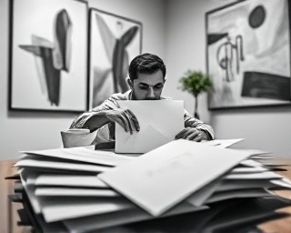 exclusive event pre-invitation, curious glance, opening the envelope, photorealistic, chic art gallery with abstract paintings, highly detailed, invitations fanned out on a table, envelope texture, monochrome scheme, soft track lighting, shot with a tilt-shift lens.