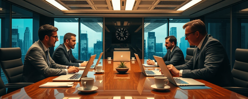 executive dealer meeting, intense focus and discussion, negotiating terms, photorealistic, sleek boardroom with skyscraper views, highly detailed, laptops and coffee cups scattered around, ultrasharp focus, warm tones, fluorescent ceiling lights, shot with a 35mm lens.