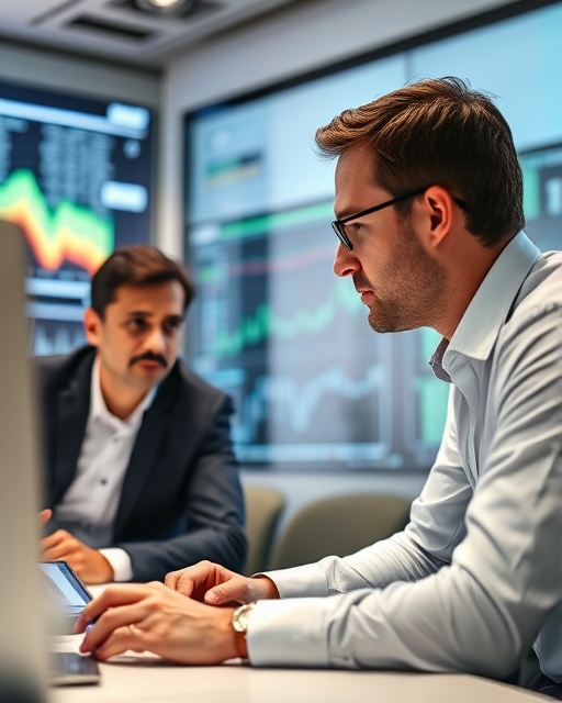 strategy analysis discussion, inquisitive expression, analyzing data, photorealistic, high-tech boardroom with digital displays, highly detailed, real-time data visualization, crisp resolution, neutral tones, soft overhead lighting, shot with a 70mm lens.