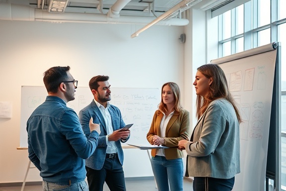 team strategy session, collaborative expression, discussing ideas, photorealistic, open-concept workspace with whiteboards, highly detailed, animated conversation, ultra-high-definition, vibrant colors, bright artificial lighting, shot with a 35mm lens.