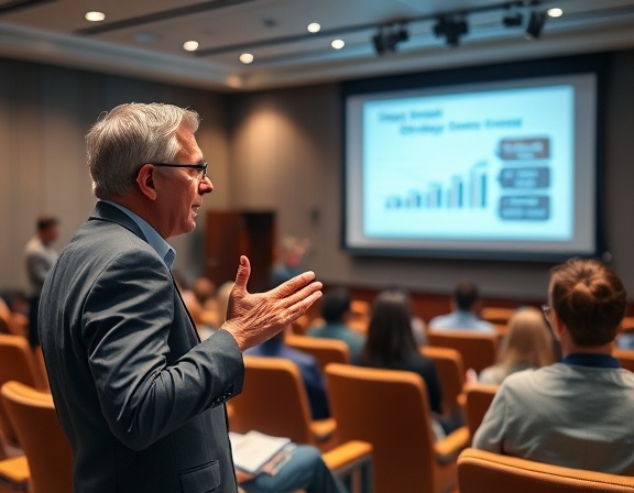 strategic consultancy briefing, engaging expression, presenting strategies, photorealistic, auditorium style room with projection screen, highly detailed, interactive presentation, sharp visual acuity, earth tones, spotlight lighting, shot with a 24mm lens.