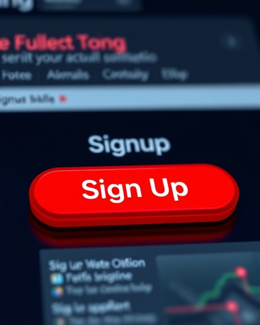 prominent signup button, enticing, encouraging clicks, photorealistic, digital interface background with smooth gradients, highly detailed, subtle glow effect, 4K resolution, vibrant red, focused spotlighting, shot with a macro lens.