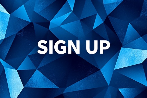 eye-catching signup banner, appealing, driving interaction, photorealistic, abstract geometric background with layered textures, highly detailed, moving elements, crisp definition, deep blue and silver, ambient light, shot with an 85mm lens.