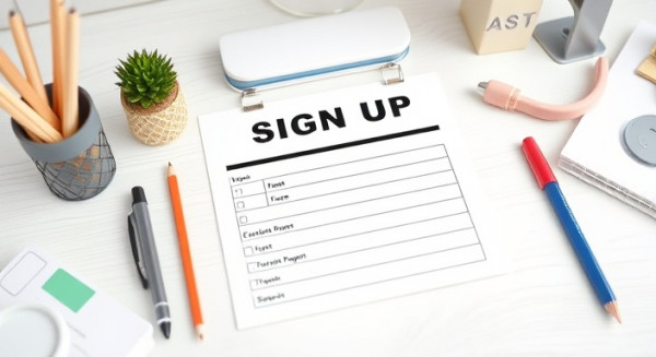 well-organized signup sheet, professional, enhancing input, photorealistic, clean office desk background with stationery items, highly detailed, paper texture simulation, HD quality, white and pastel, natural lighting, shot with a tilt-shift lens.