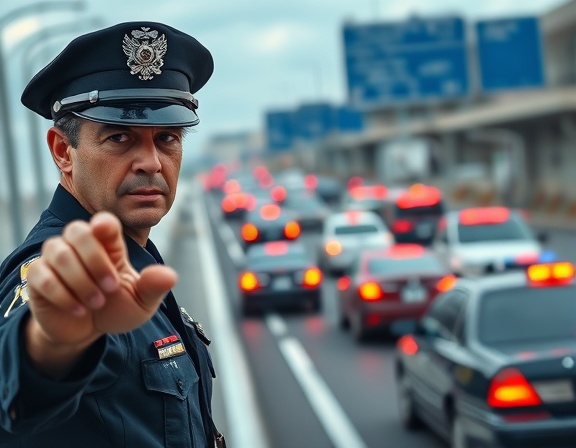 determined police officer, intense, directing traffic, photorealistic, busy highway during rush hour, highly detailed, flashing sirens and moving cars, sharp focus, blue and white, overcast lighting, shot with an 85mm lens.
