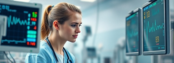 focused nurse, caring, monitoring patient vitals, photorealistic, hospital room with medical equipment, highly detailed, blinking monitors, clear resolution, pastel colors, soft lighting, shot with a macro lens.