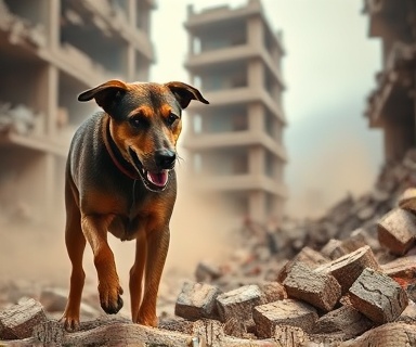 resilient search and rescue dog, eager, sniffing debris, photorealistic, collapsed building in a disaster site, highly detailed, dust clouds and fallen bricks, ultra-sharp, brown and gray, diffused lighting, shot with a wide-angle lens.