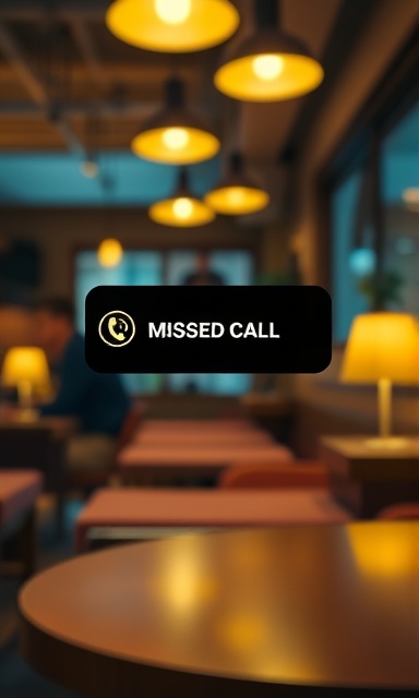 subtle missedcall reminder, curious, glowing, photorealistic, quiet cafe setting with soft chatter, highly detailed, notification bubble, focus shift, warm yellow, overhead light, shot with a 50mm lens