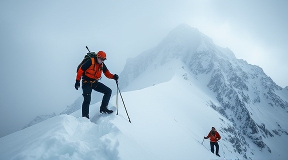 dedicated mountain rescue team member, focused, climbing icy slope, photorealistic, snowy mountain peak in a storm, highly detailed, whipping fog and snowflakes, crisp image, white and blue, harsh lighting, shot with a zoom lens.