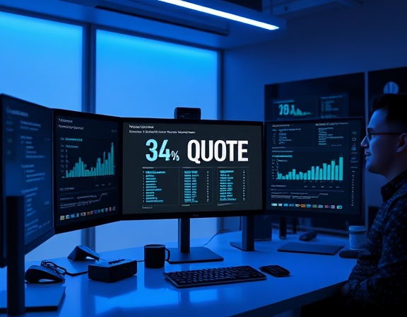 intuitive quote software screenshot, amazed, displaying an advanced algorithm calculating quotes in real-time, photorealistic, minimalist workspace with high-tech monitors, highly detailed, digital animations and data streams, pixel perfect, grayscale palette, backlit by a blue LED glow, shot with an ultra-wide lens.