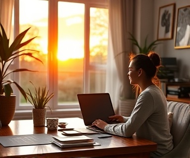 effortless quote tool usage, satisfied, demonstrating seamless data input for accurate estimates, photorealistic, home office with cozy decor and natural light, highly detailed, automated dropdowns and auto-suggestions, vivid color schemes, warm sunset illumination, shot with a 50mm lens.