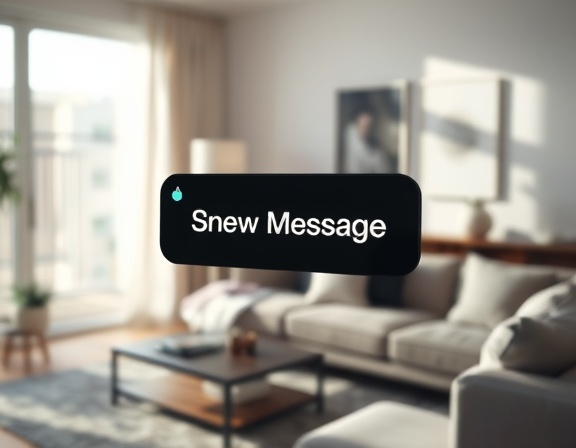 sleek text notification, showing excitement, highlighting a new message, photorealistic, background in a cozy, modernist living room, highly detailed, subtle glowing effect, crisp focus, subtle shadows, cool neutral colors, direct sunlight, shot with a macro lens.