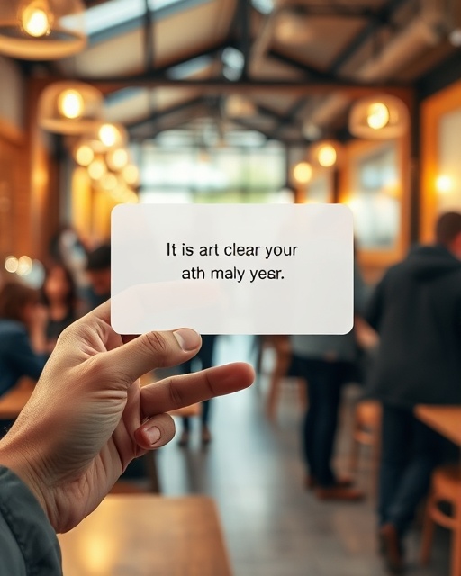 clear text communication, inviting interaction, popping up on a smart device, photorealistic, background of a bustling café setting, highly detailed, chatter and motion blur in the scene, high dynamic range, pastel color palette, warm ambient lighting, shot with a telephoto lens.