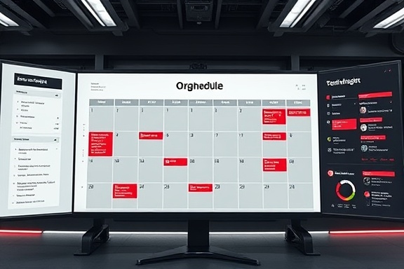 efficient text scheduling, indicating organization, displayed on a large monitor, photorealistic, tech-driven workspace with multiple screens and a futuristic vibe, highly detailed, sleek calendar layout in motion, enhanced sharpness, grayscale with pops of red, overhead LED lighting, shot with an ultrawide lens.