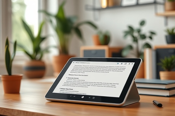 automated text communication, suggesting smooth functionality, scrolling on a tablet, photorealistic, background of a serene home office with plants and books, highly detailed, gentle scrolling effect, clarity emphasized, earth tone colors, diffused skylight, shot with a 35mm lens.