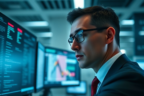 sleek statistician, concentrated expression, analyzing real-time data, photorealistic, modern office with digital screens, highly detailed, codes and numbers floating, technical readouts on the computer screens, cool tones, ambient white lighting, shot with an 85mm lens.