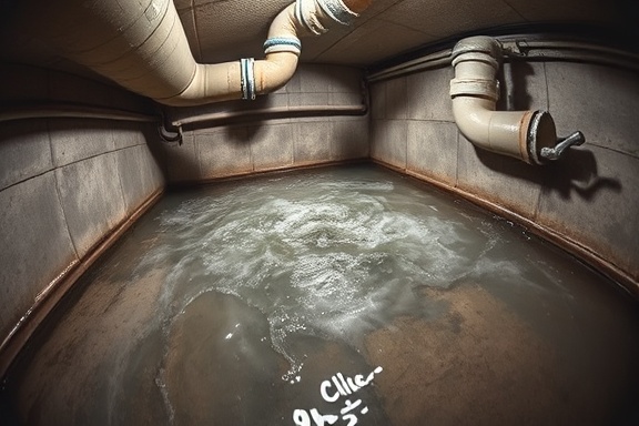 emergency plumbing, exasperated, fixing a burst pipe, photorealistic, flooded basement with wet concrete floors, highly detailed, flowing water, high contrast, chrome, harsh lighting, shot with a fisheye lens.