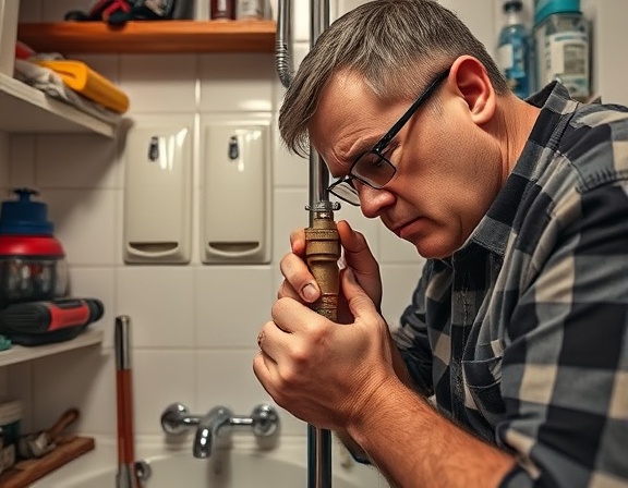 plumbing repair, determined, replacing faulty valve, photorealistic, cramped bathroom with cluttered shelves, highly detailed, tools scattered around, HDR, copper, ambient lighting, shot with a macro lens.