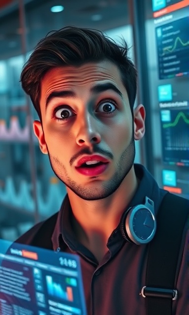 young tech entrepreneur, surprised expression, monitoring analytics surge, photorealistic, startup office with glass walls and urban view, highly detailed, notifications popping up in holographic displays, vivid neon accents, dimmed LED panel lighting, shot with a 24mm lens.