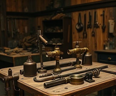 antique plumbing tools, nostalgic, arranged on an oak workbench, photorealistic, dimly lit workshop with cobwebs in corners, highly detailed, tools polished, high depth of field, brass and wood, soft focus, shot with a 35mm lens.